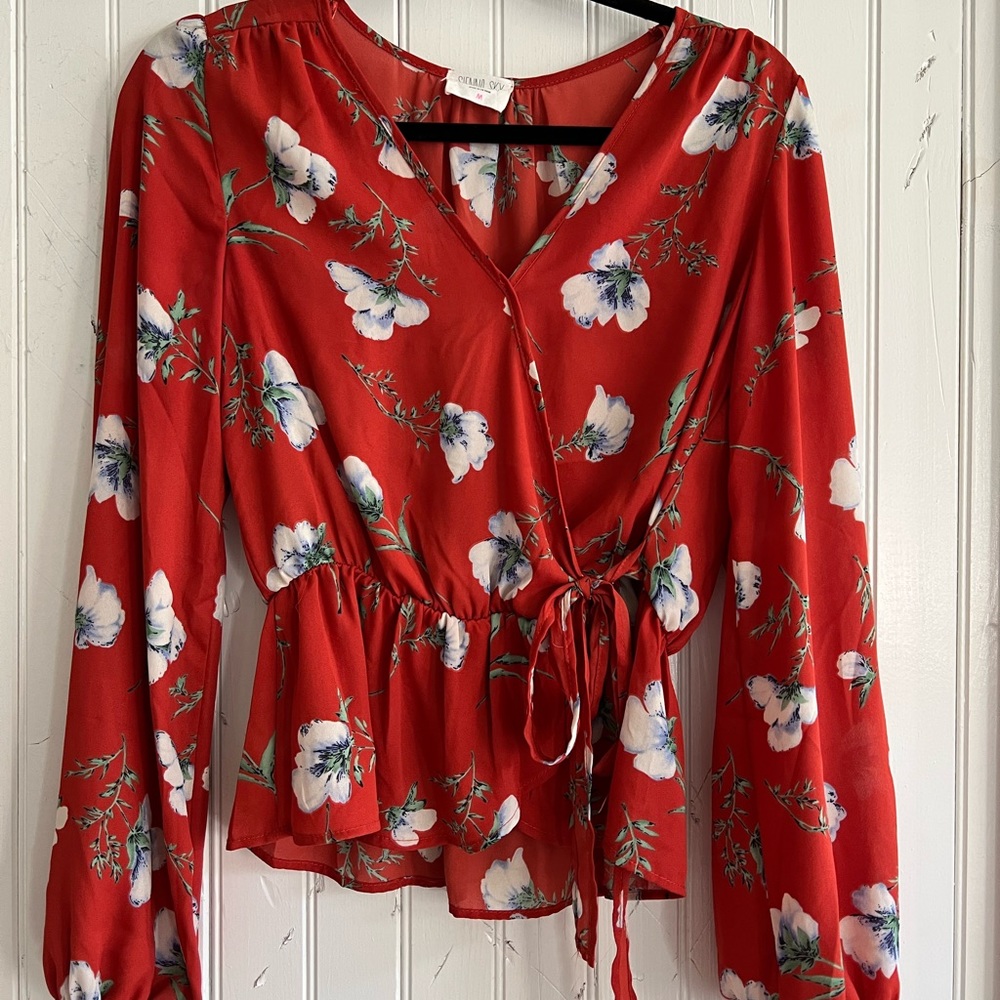 red flower print top with tie at waistline